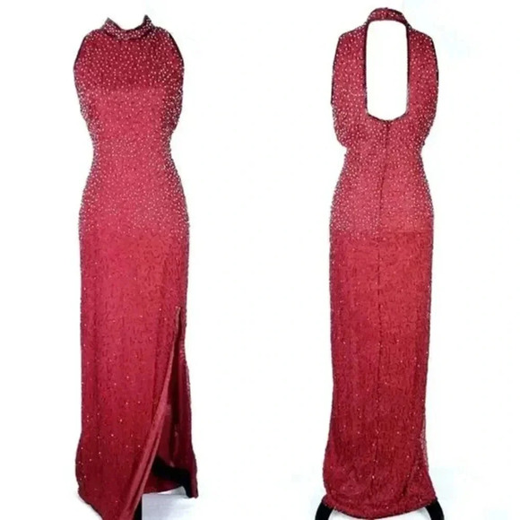 Papell Boutique Beaded Silk Maxi Evening Dress Red Size 14 Papell Boutique Beaded Silk Maxi Evening Dress Red Size 14